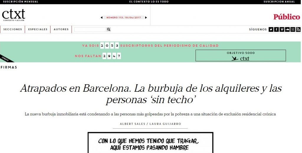 Imatge de l'article publicat a CTXT "Atrapados en Barcelona. La burbuja de los alquileres y las personas ‘sin techo’".