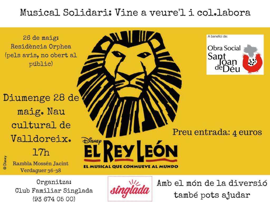 Cartell del musical solidari "El Rey León" a Valldoreix el pròxim 28 de maig per a tothom.